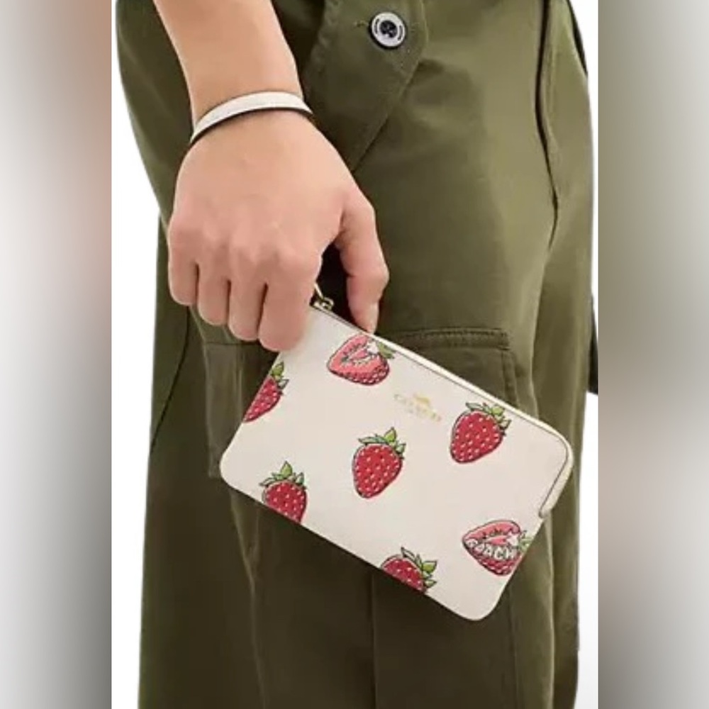 Coach Corner Zip Wristlet with Strawberry Print (Chalk). New no tag